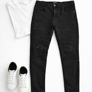 M. Society Politically Incorrect Black Patched Rip Skinny Fit Jeans 32×30 (120)